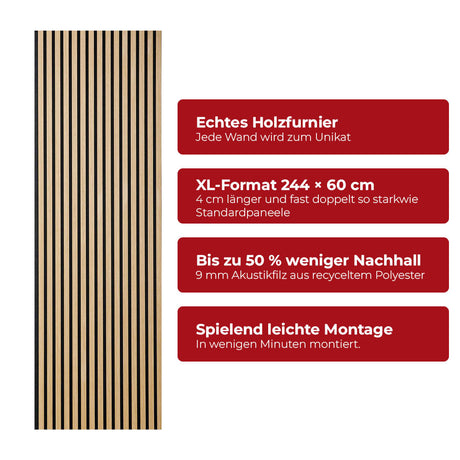 Akustikpaneel Premium Eiche – Filz Schwarz 244 × 60 cm
